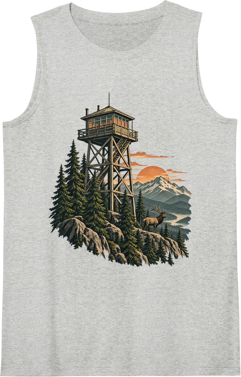 Elk Ridge Fire Lookout Tower Wilderness Art Sleeveless Tank Top - Heather Grey