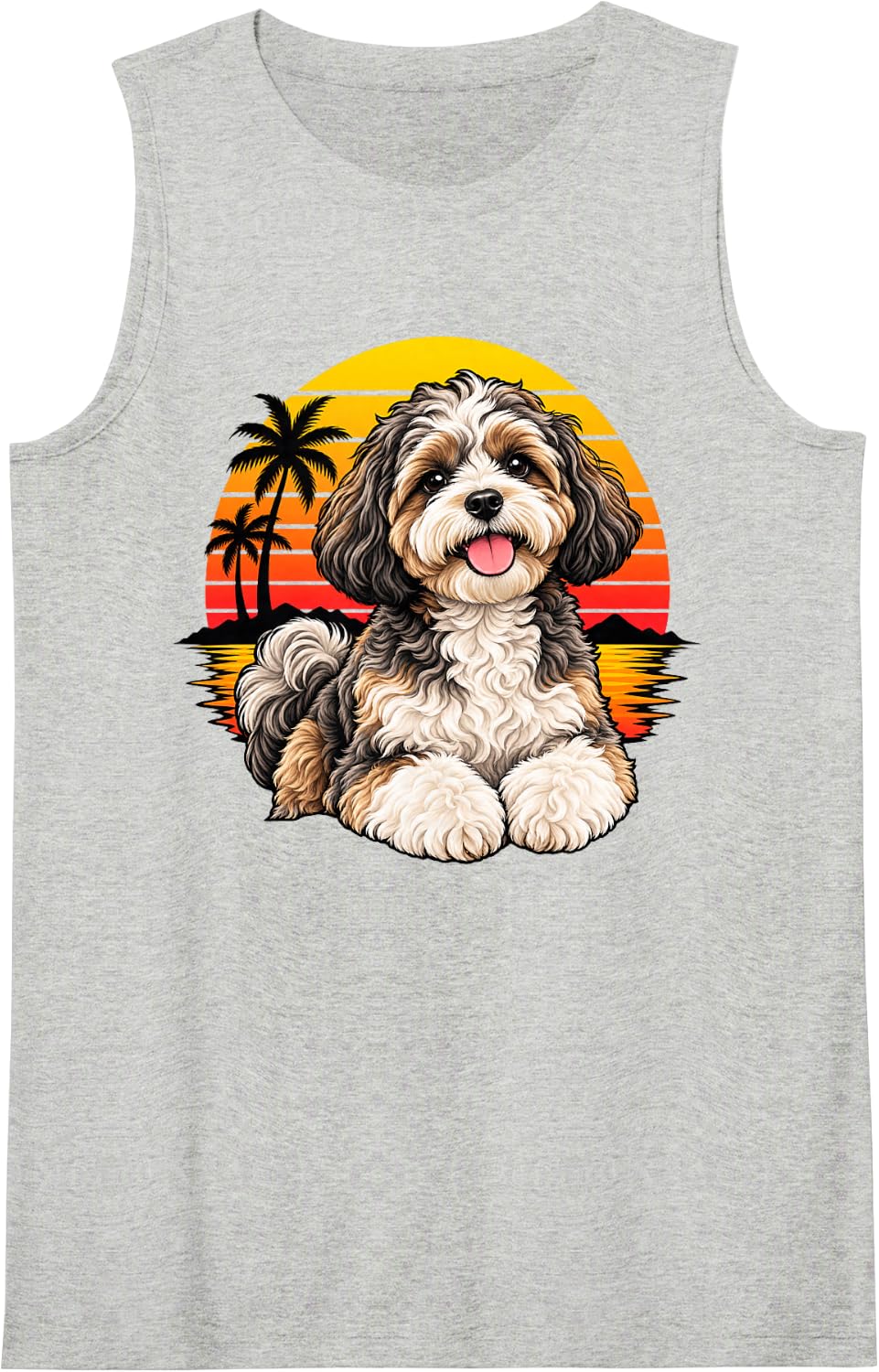 Cute Havanese Retro Sunset Palm Tree Dog Lover Artwork Sleeveless Tank Top - Heather Grey