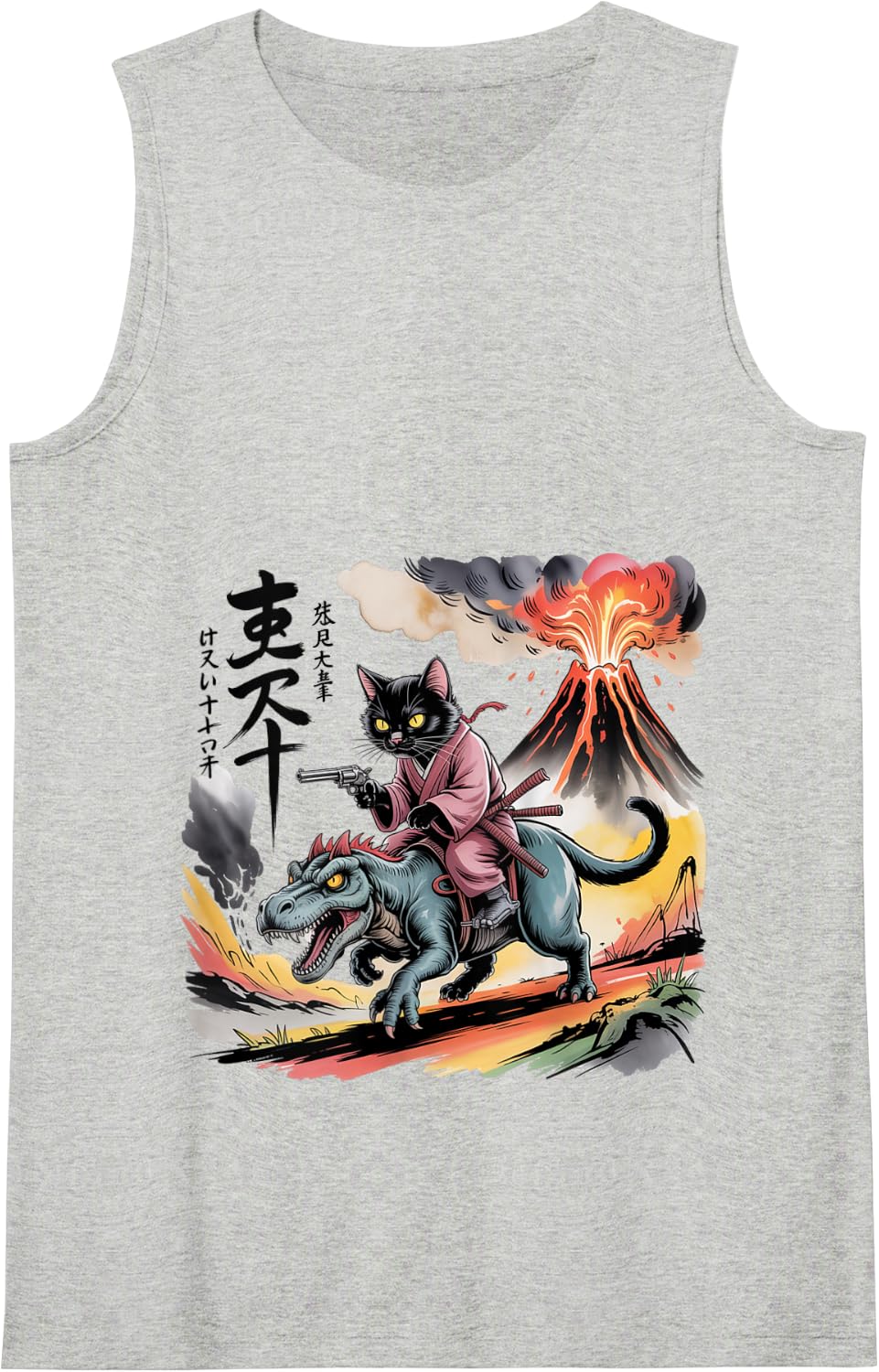 Samurai Cat Riding T-Rex Volcano Japan Vintage Art Tank Top - Heather Grey