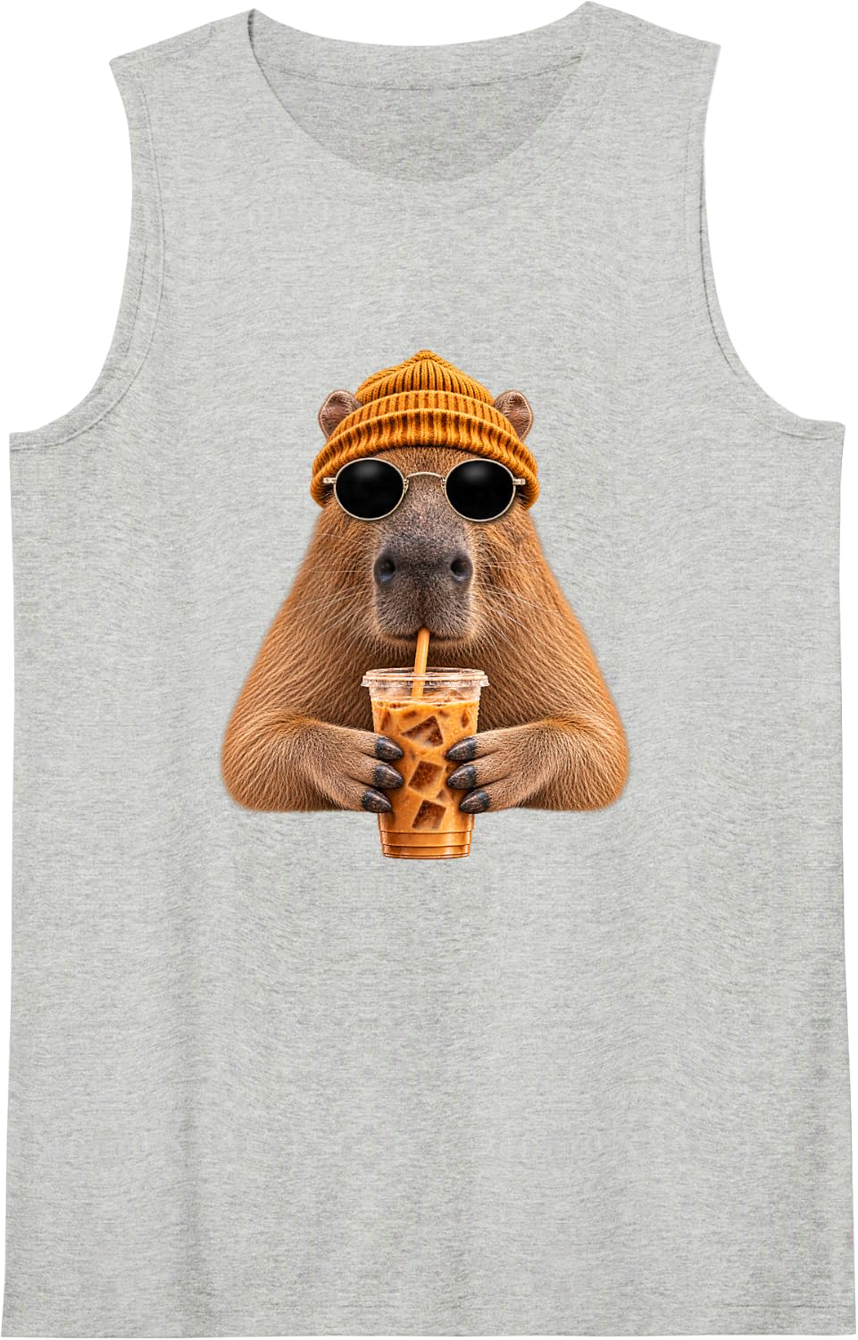 Womens Girls Kid Hipster Ice Coffee Capy Meme Lover Capybara Sleeveless Tank Top - Heather Grey