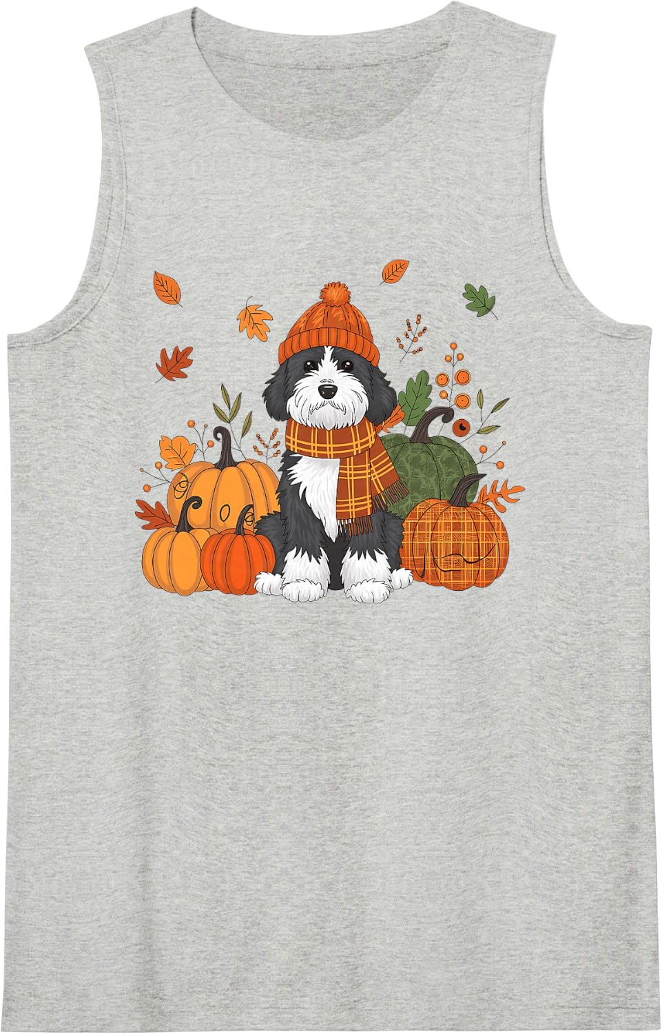 Bernedoodle Thanksgiving Leopard Pumpkins Fall Leaves Lover Sleeveless Tank Top - Heather Grey