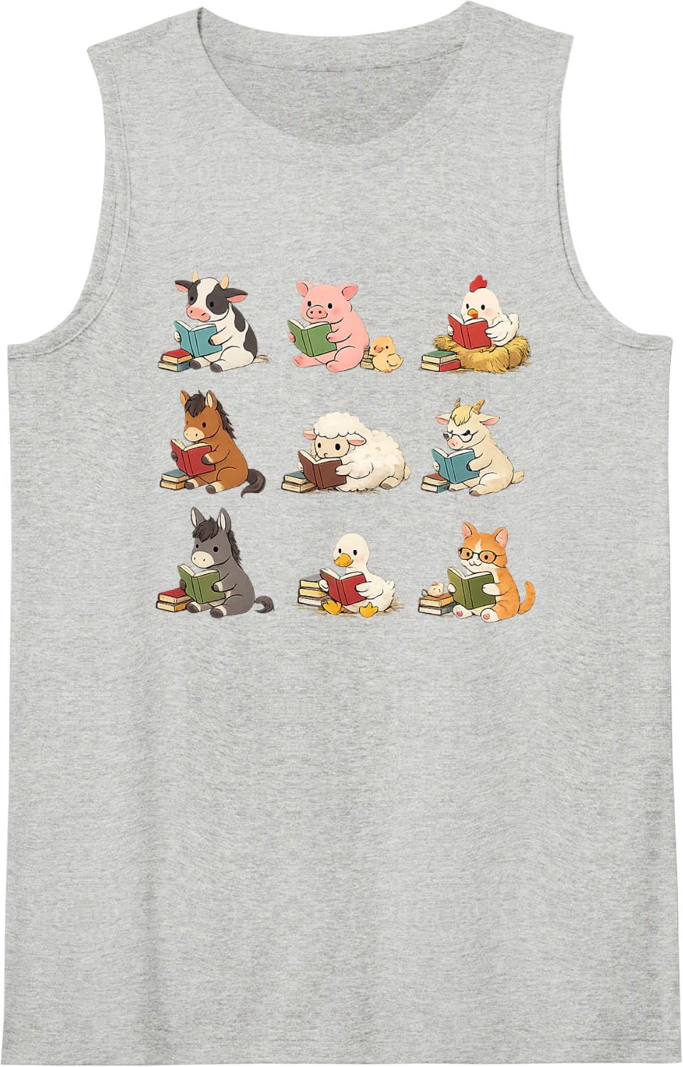 Cute Farm Animals Reading Books Book Lover Sleeveless Tank Top - Heather Grey