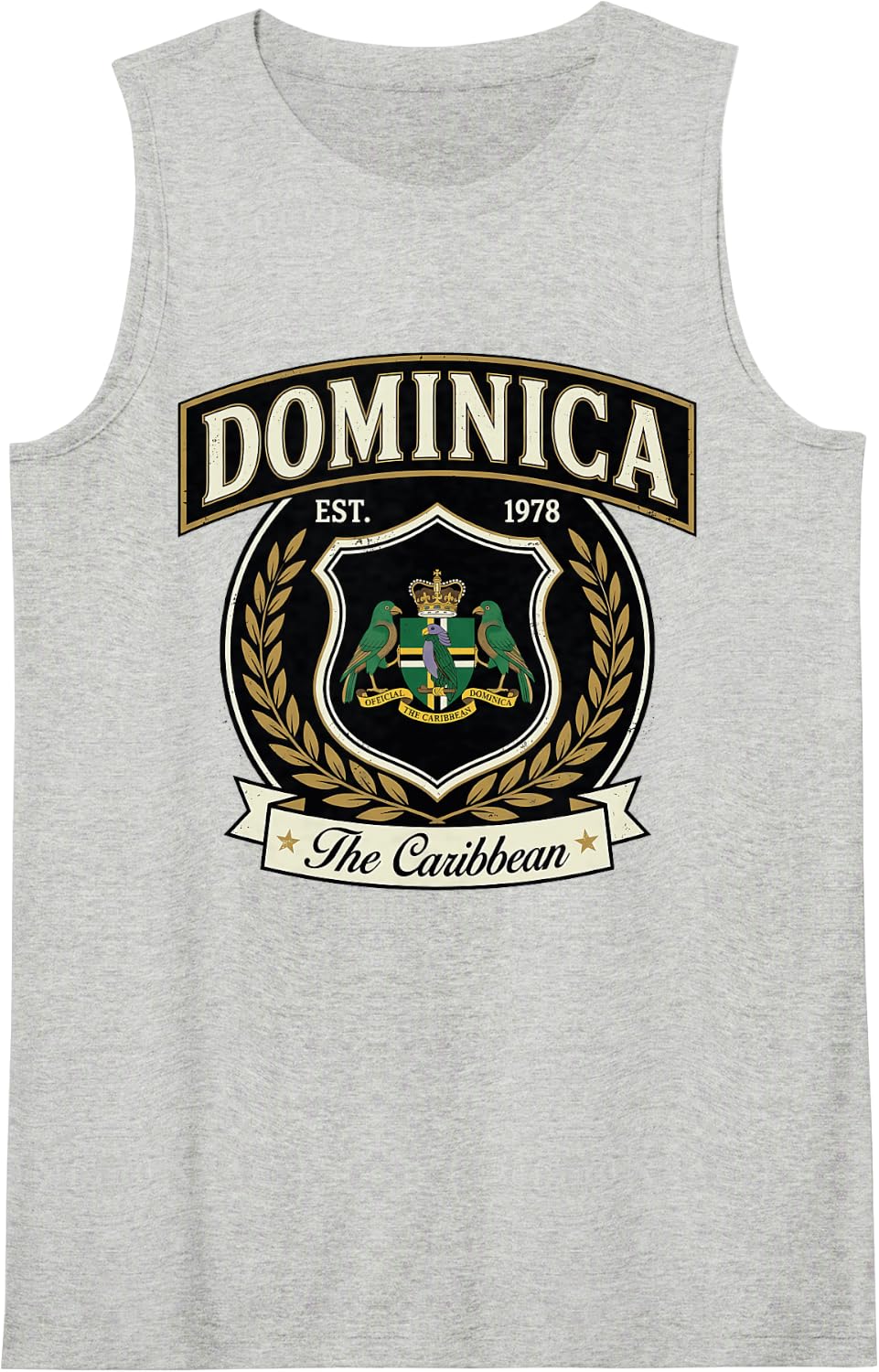Dominica The Caribbean Est 1978 Official Parrot Shield Badge Sleeveless Tank Top - Heather Grey