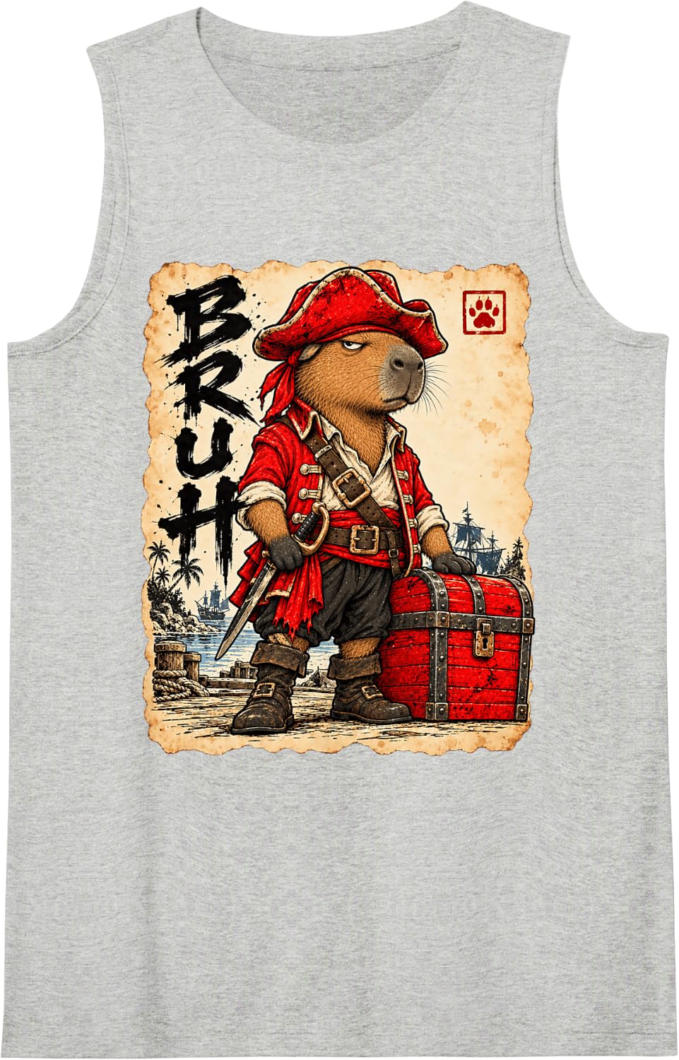 Pirate Bruh Anime Kawaii Otaku Japanese Art Pirate Capybara Sleeveless Tank Top - Heather Grey