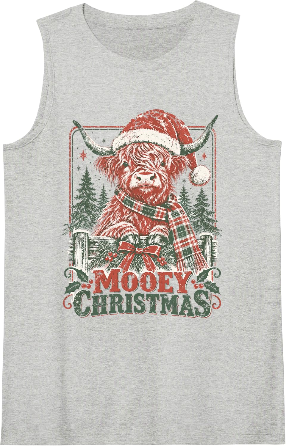 Christmas Highland Cow Farmer Funny Mooey Christmas Sleeveless Tank Top - Heather Grey