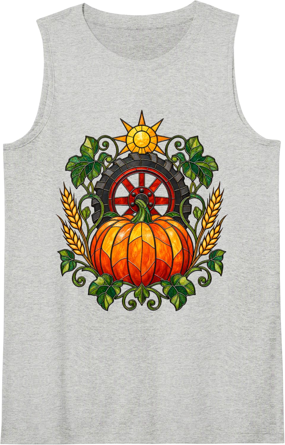 Stained Glass Harvest Pumpkin Wheel Farm Farmer Sleeveless Tank Top - Heather Grey