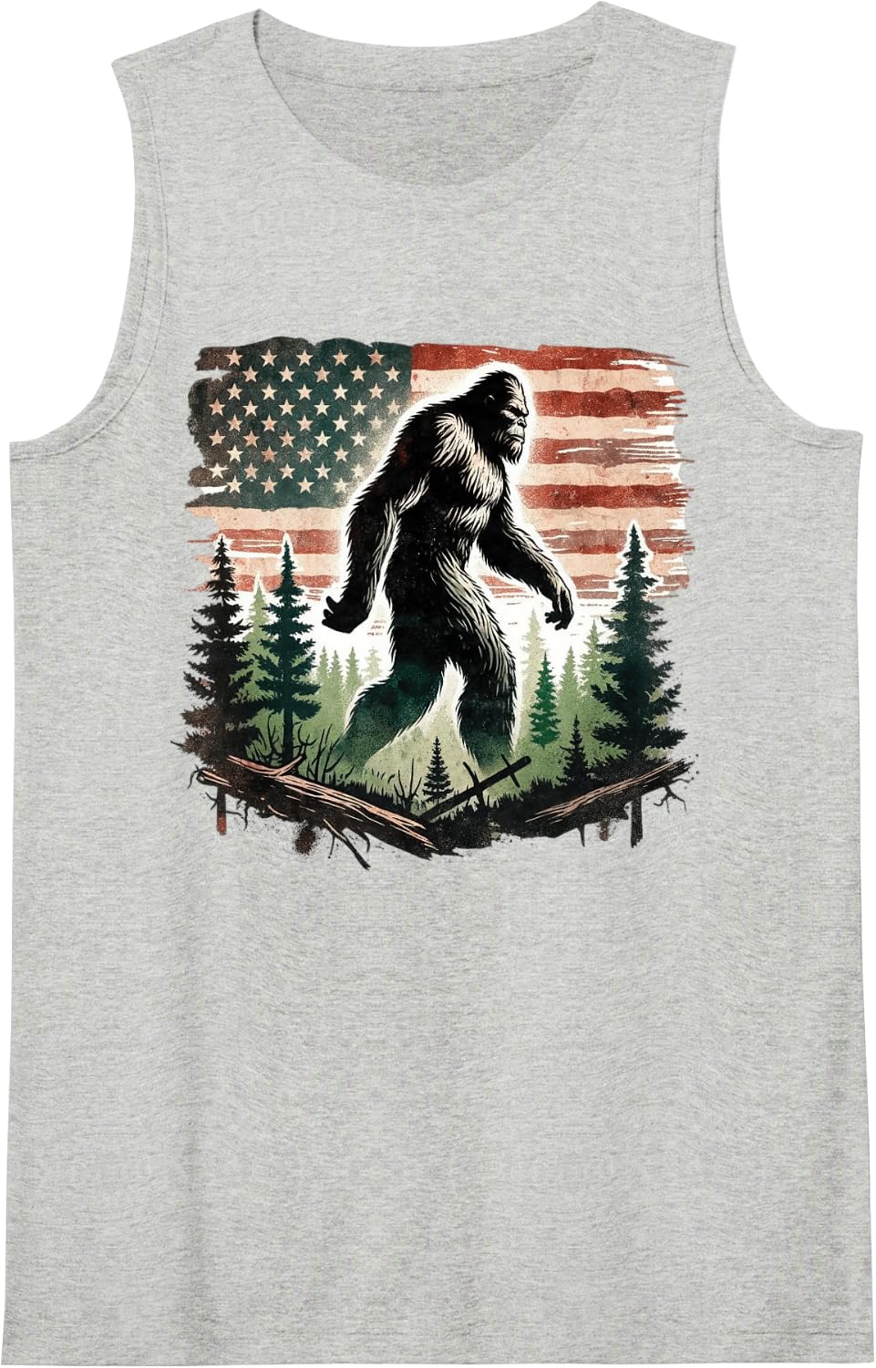 Bigfoot Forest American Flag Patriotic Sasquatch 4th of July Sleeveless Tank Top - Heather Grey