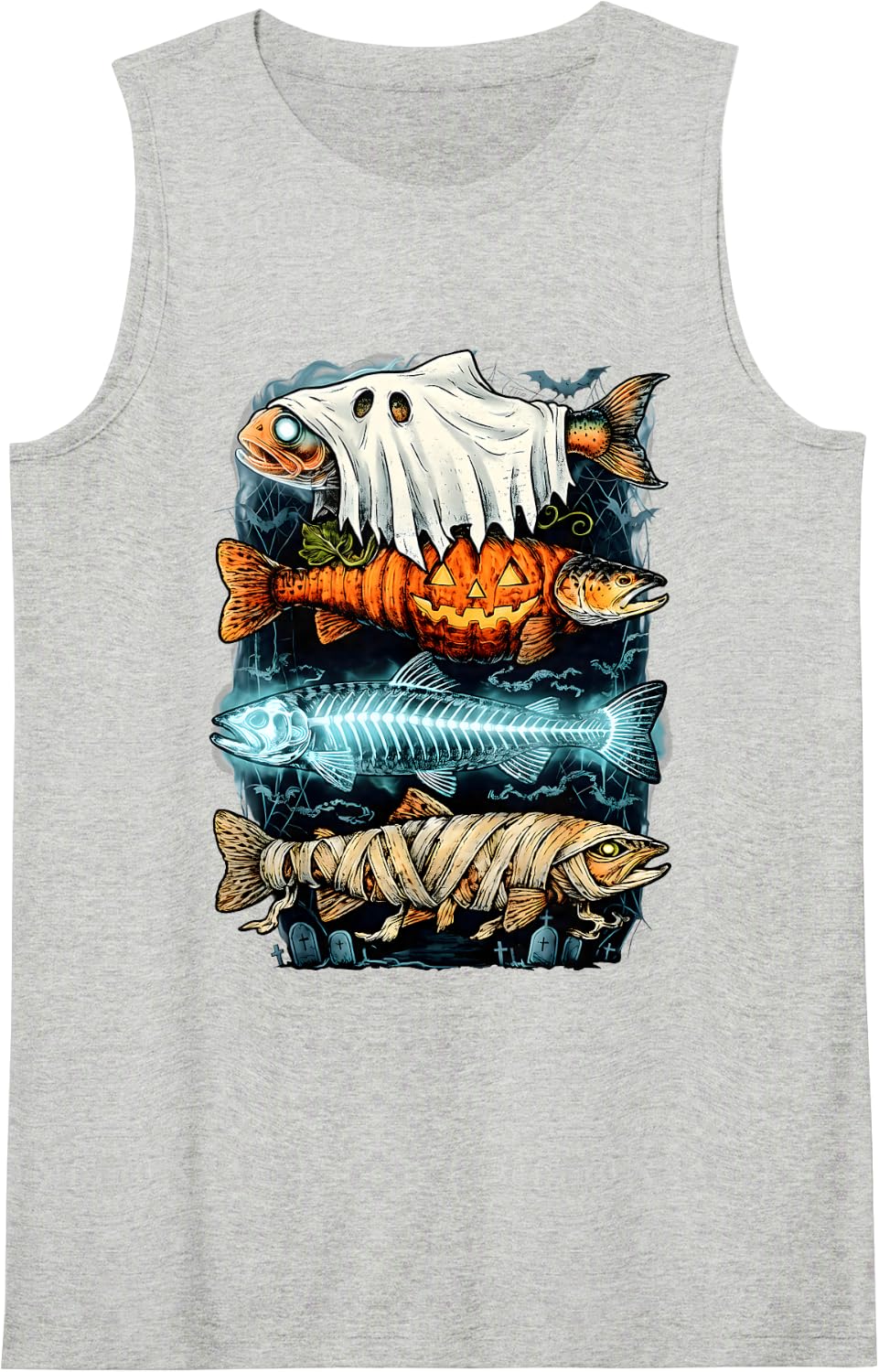 Halloween Trout Fish Ghost Pumpkin Skeleton Mummy Sleeveless Tank Top - Heather Grey