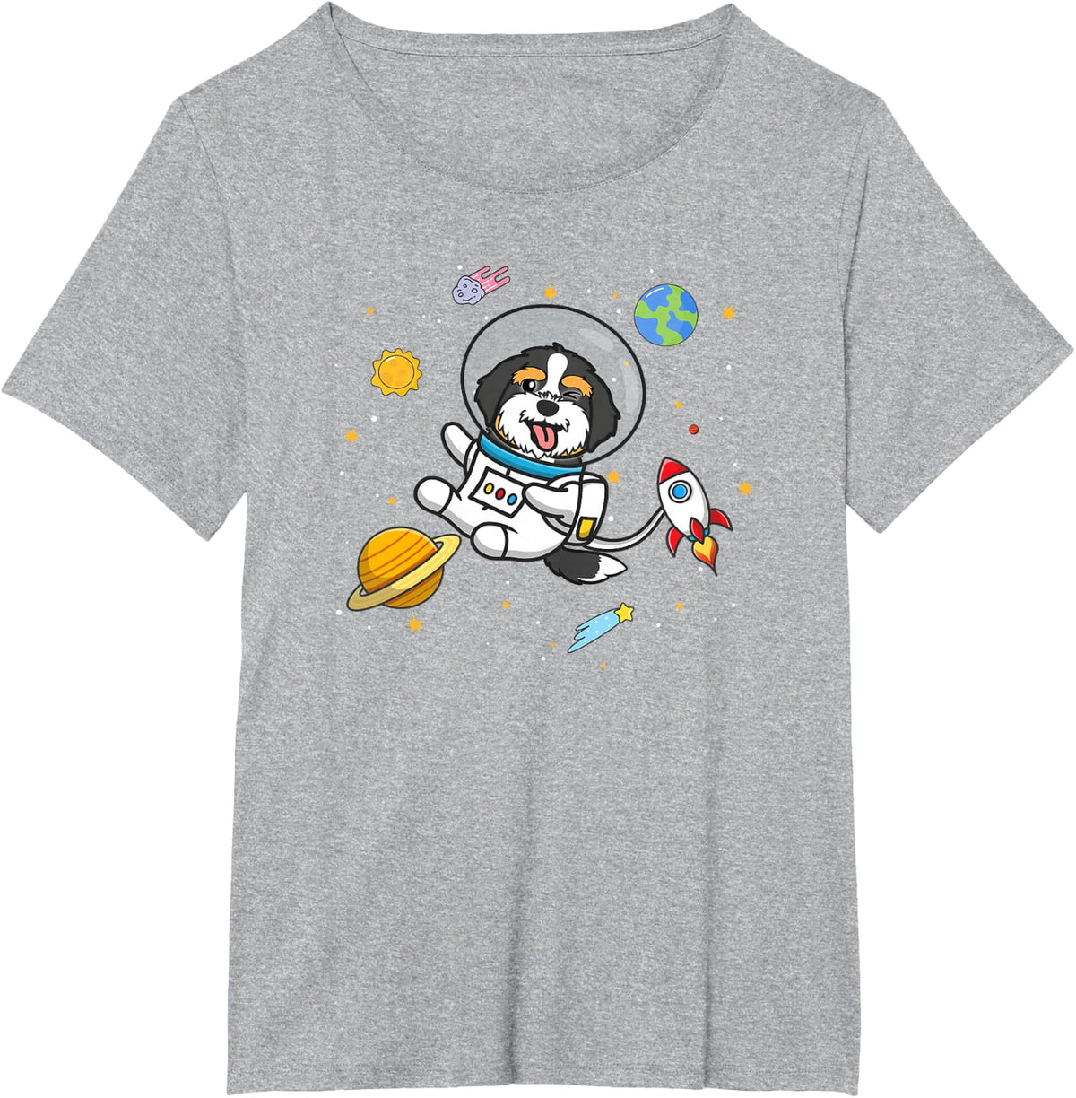 Cute Kids Boys Girls Kawaii Space Bernedoodle Dog Lover T-Shirt - Heather Grey