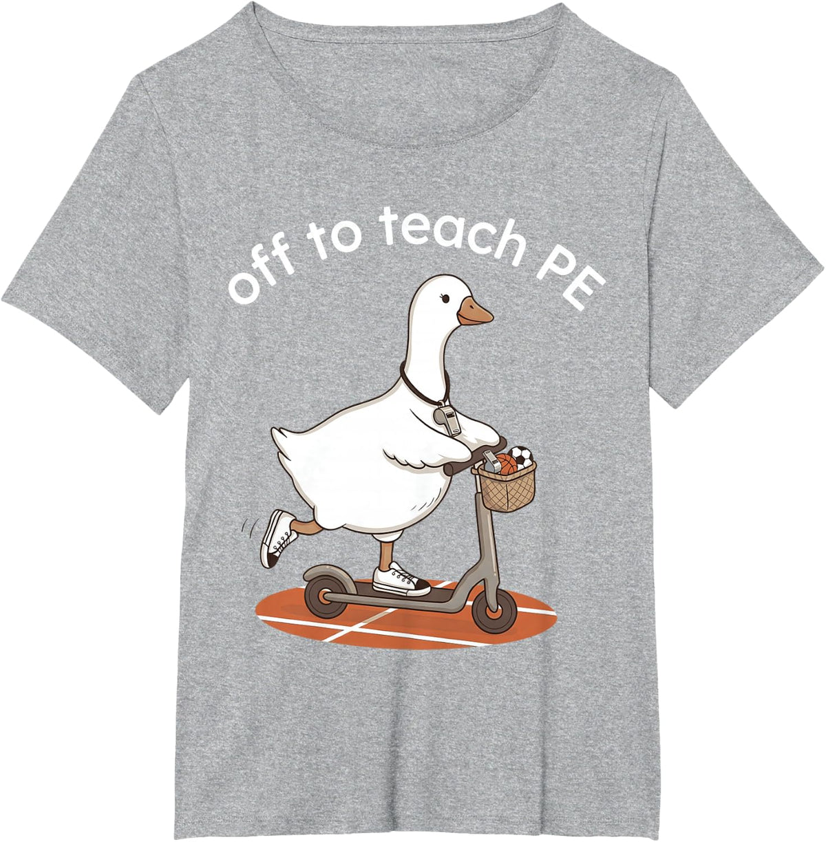 Off to Teach PE Goose Riding Scooter on Running Track T-Shirt - Heather Grey