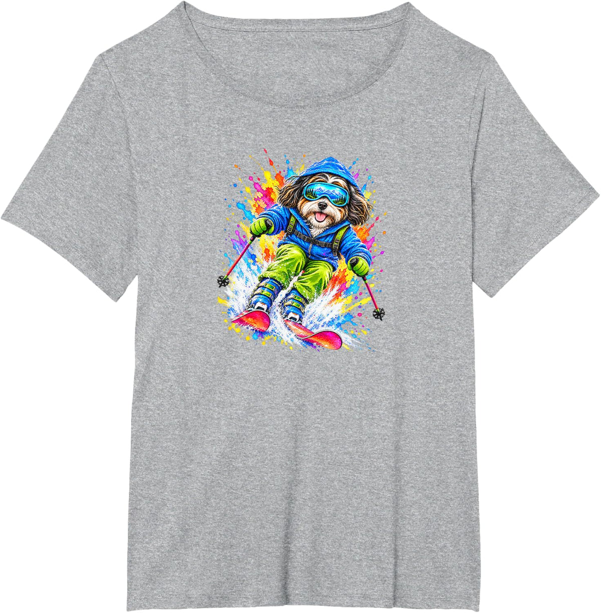 Havanese Dog Skiing Watercolor Splash Art T-Shirt - Heather Grey