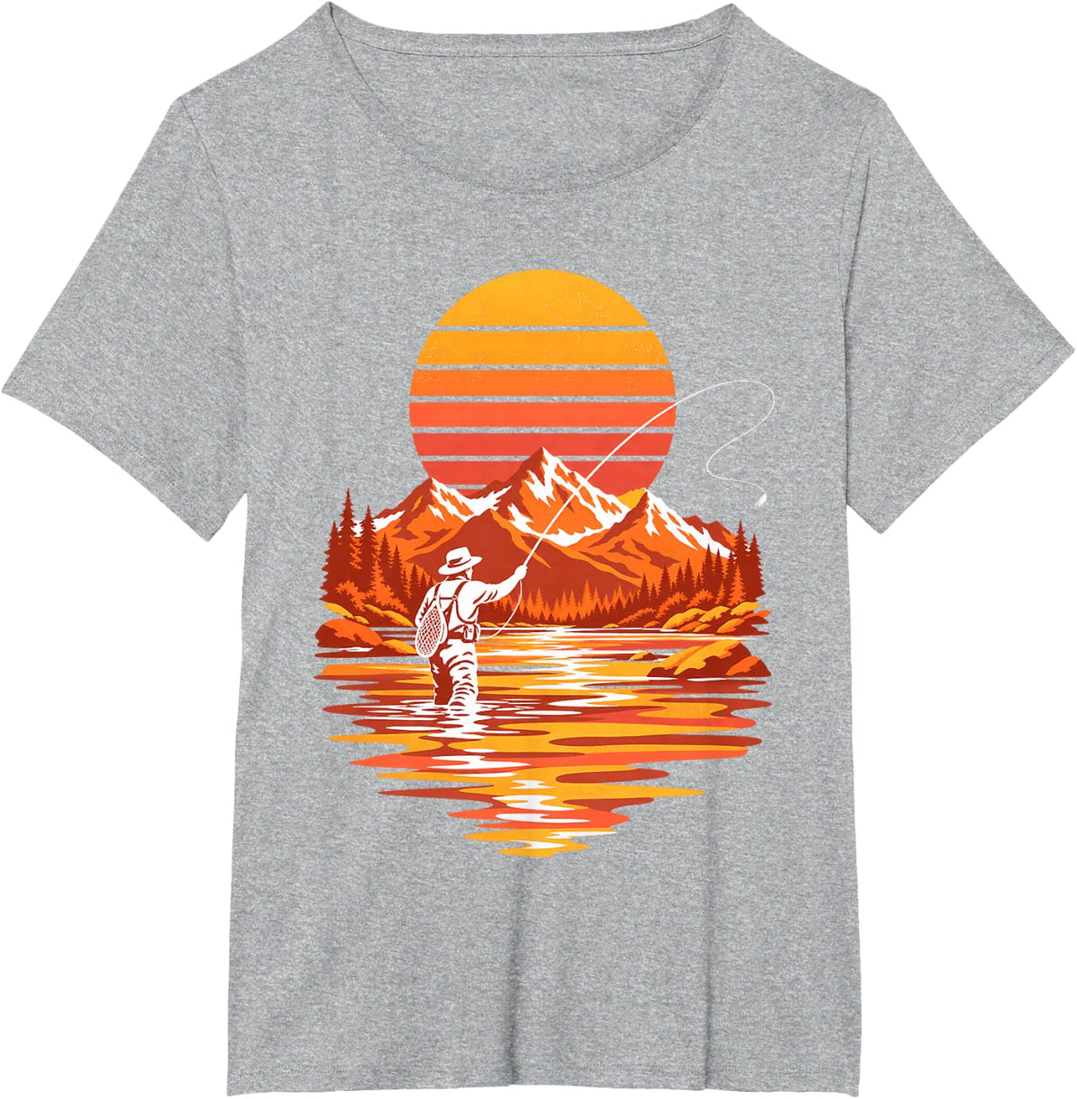 Fly Fisher Casting At Orange Sunset Mountain Lake T-Shirt - Heather Grey