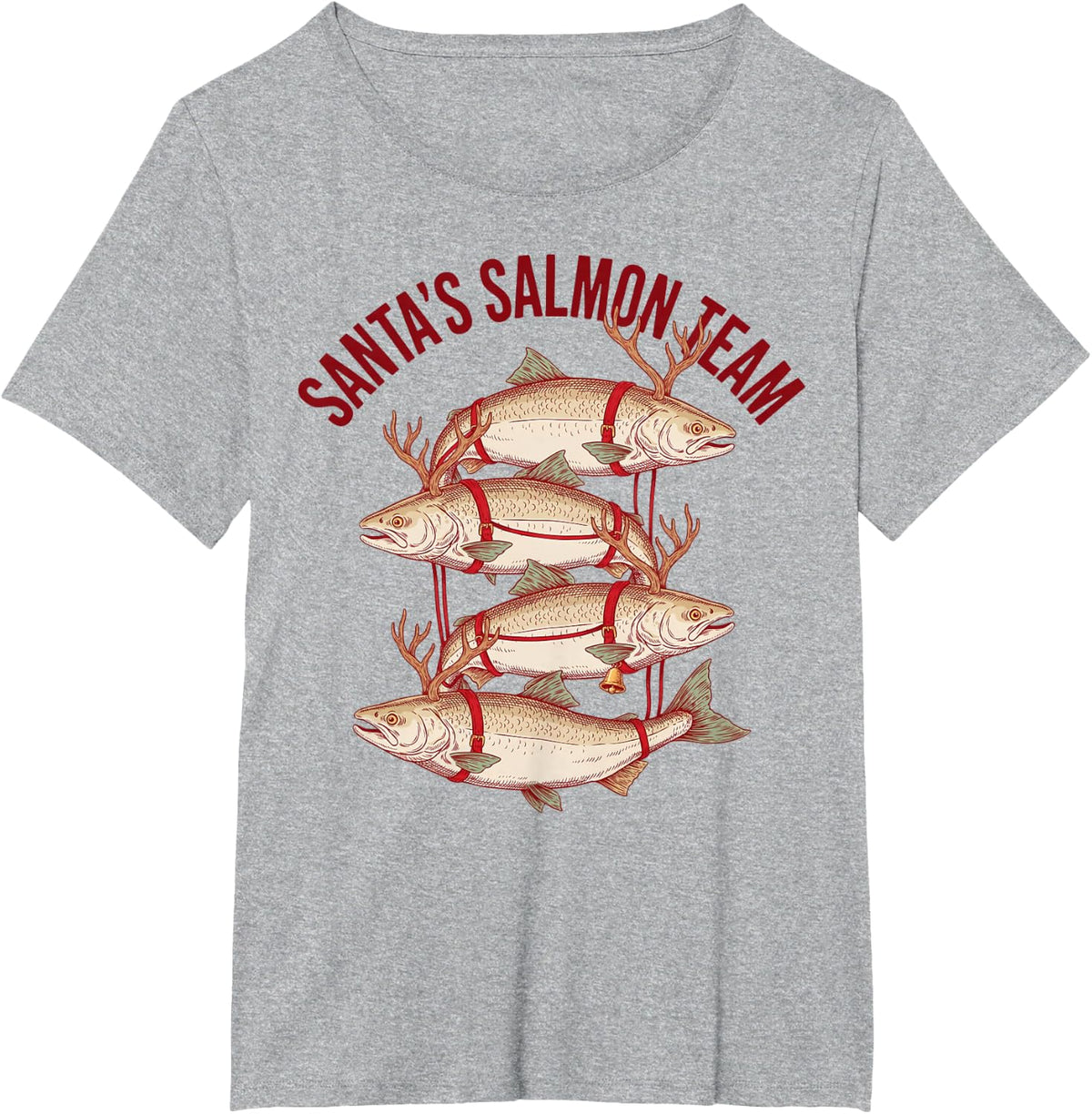 Santas Salmon Team - Funny Reindeer Fish Christmas Fishing T-Shirt - Heather Grey
