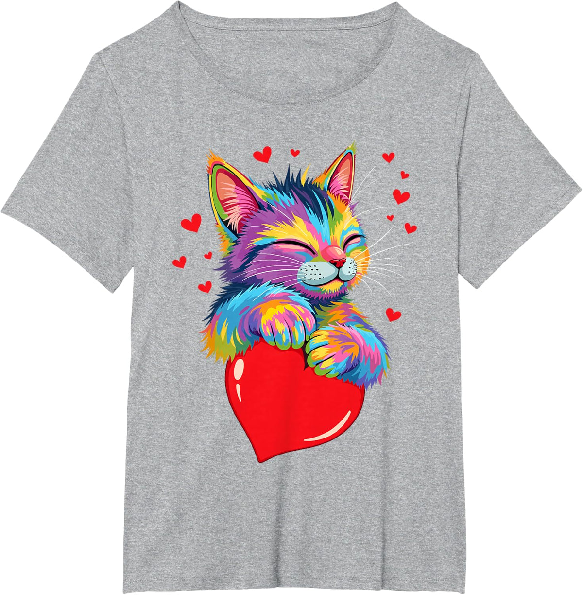 Valentines Day Cat And Love Heart Women Girls Cats Lover T-Shirt - Heather Grey