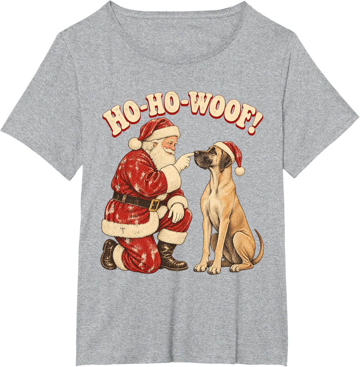 Santa Great Dane Retro Christmas Dog Ho Ho Woof T-Shirt - Heather Grey