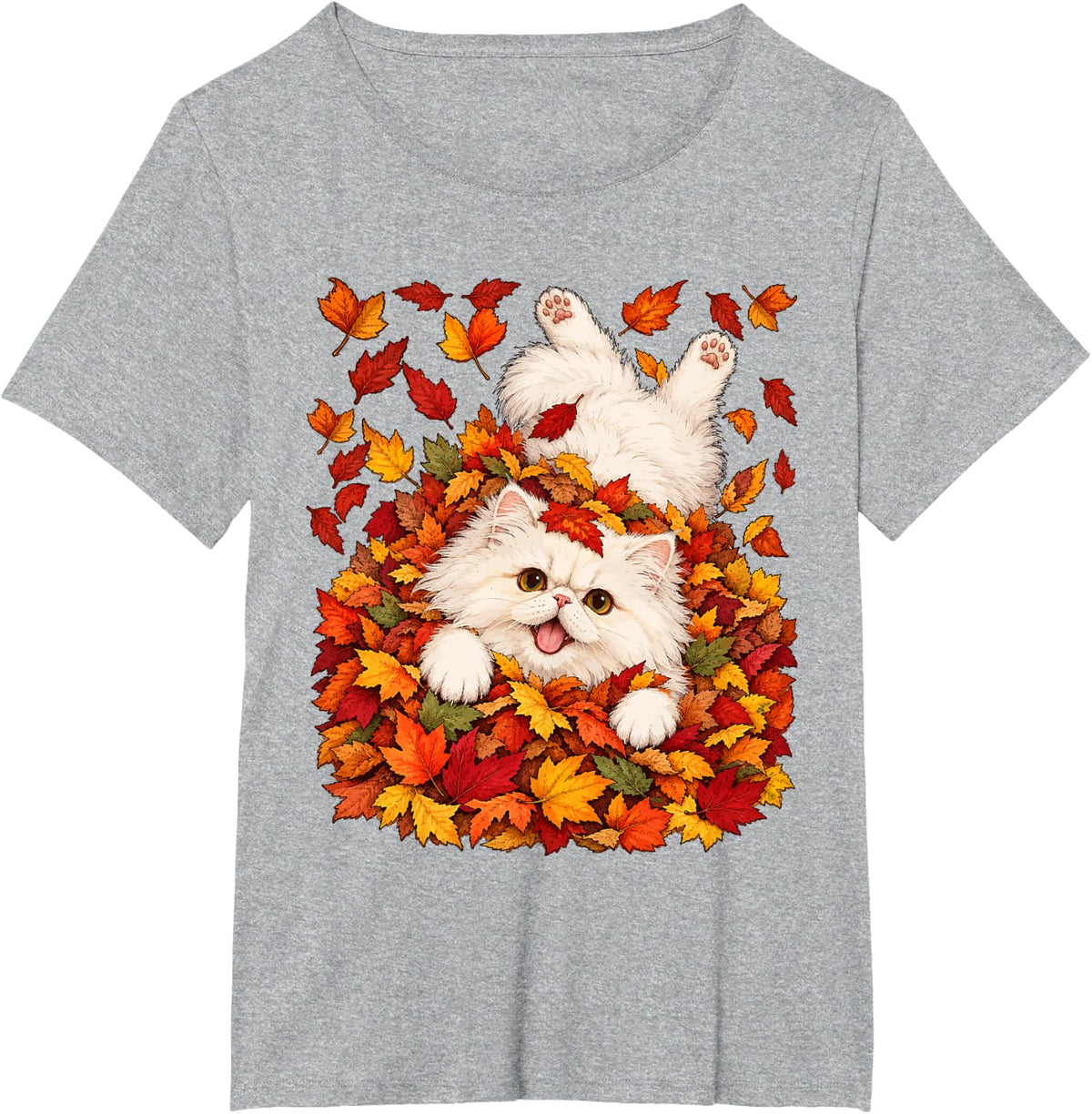Fall Persian Cat Playing with Maple Leaves Autumn Animal T-Shirt - Heather Grey