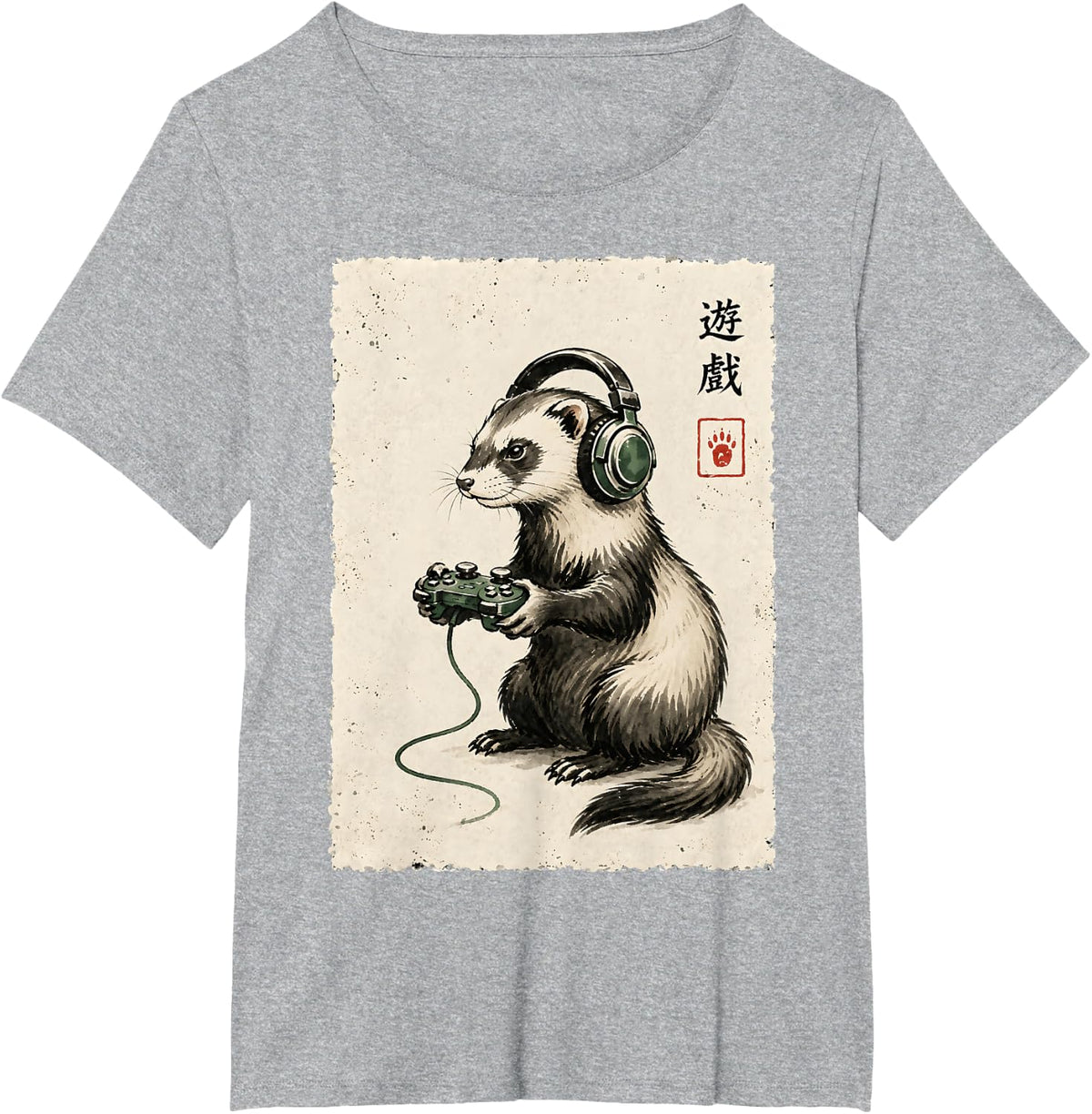 Gamer Ferret Japanese Art Ukiyo E Headphones Kawaii Gaming T-Shirt - Heather Grey