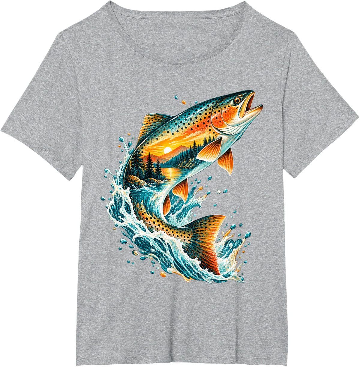 Leaping Trout with Sunset Mountain Scene T-Shirt - Heather Grey