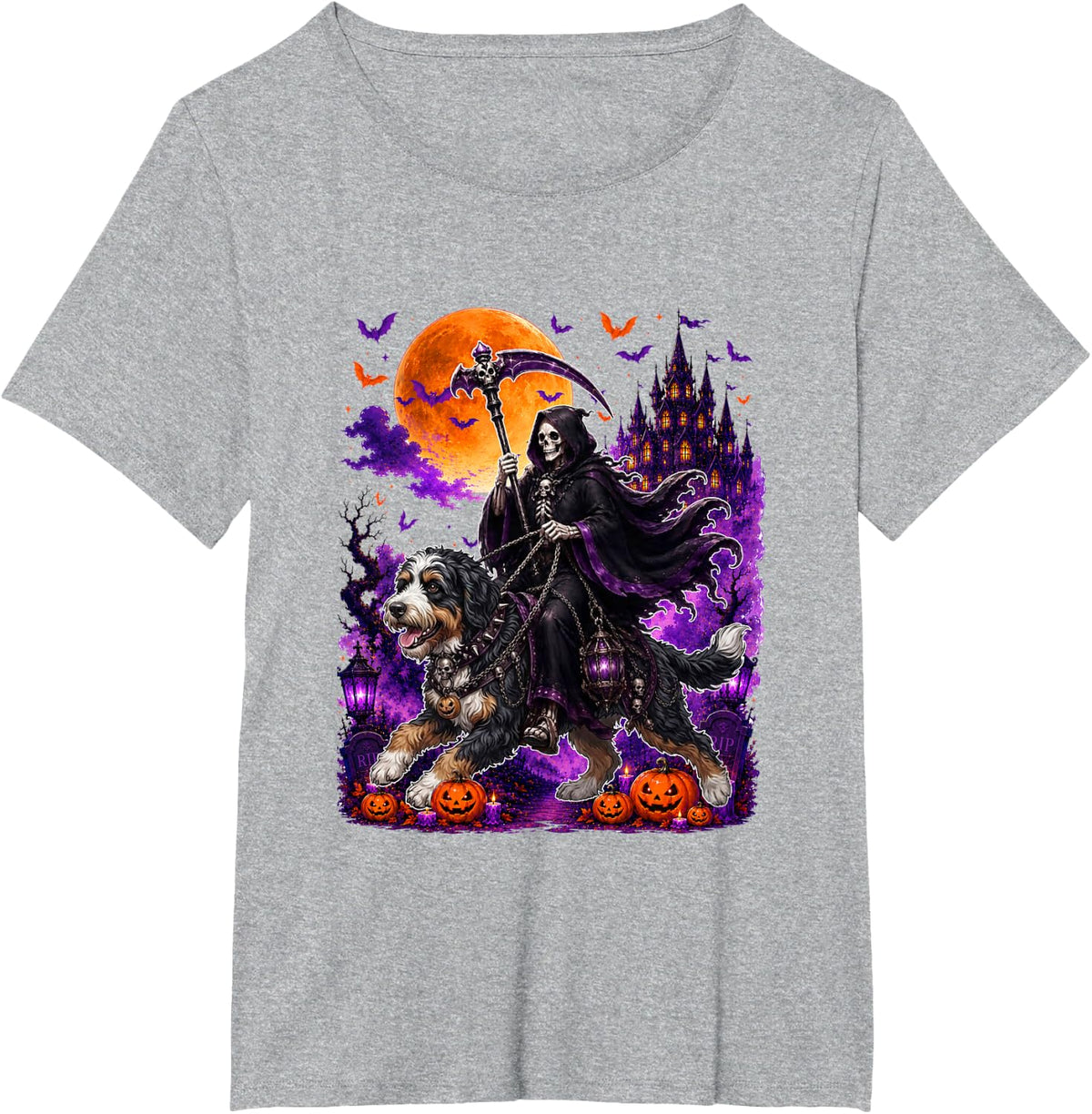 Horror Skeleton Ridding Bernedoodle Halloween Costume Owner T-Shirt - Heather Grey