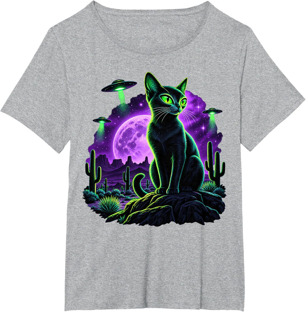 Black Green Alien Cat Under Purple Moon T-Shirt - Heather Grey