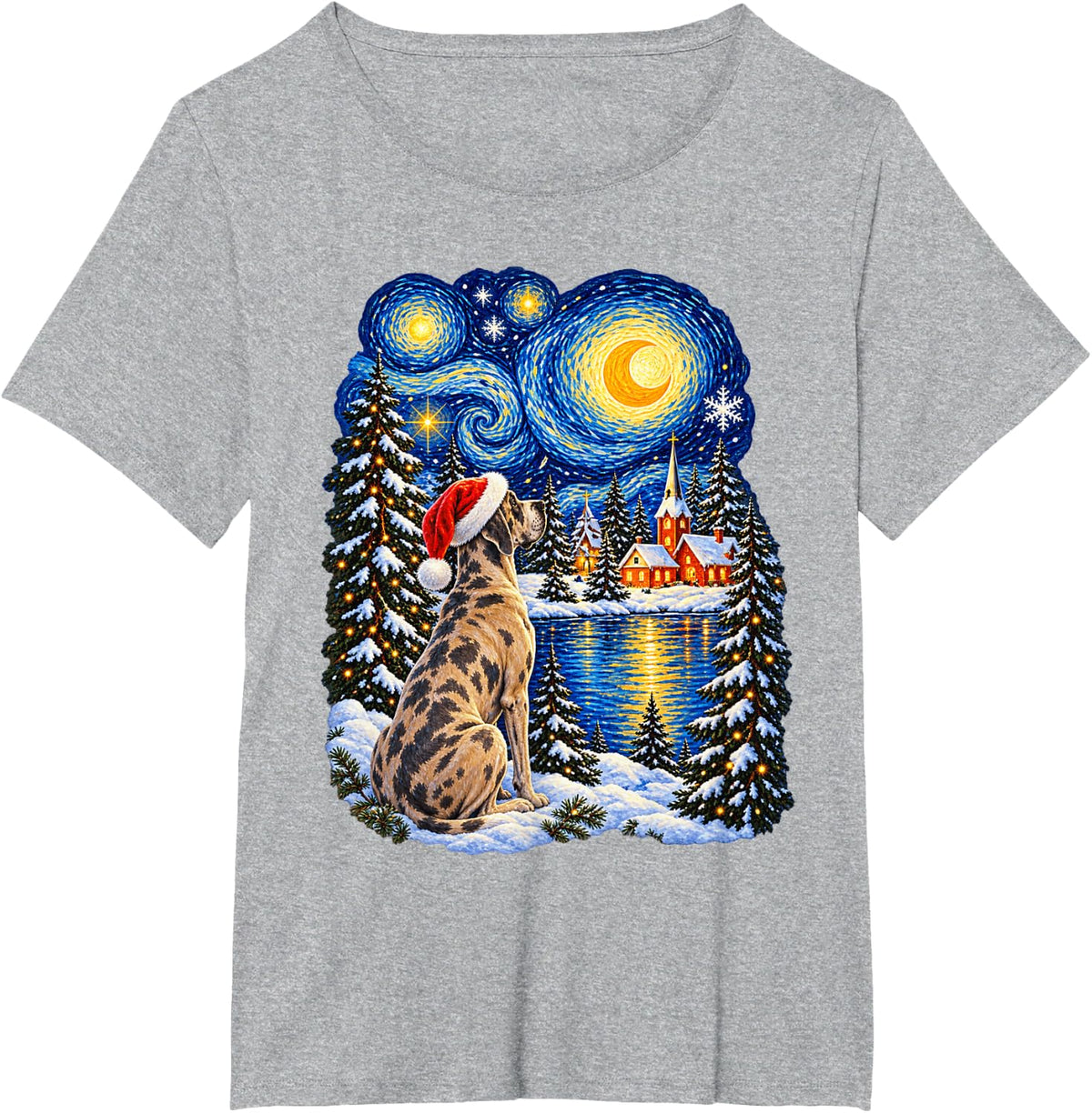 Christmas Great Dane Dreamy Santa Hat Winter Stars Men Women T-Shirt - Heather Grey