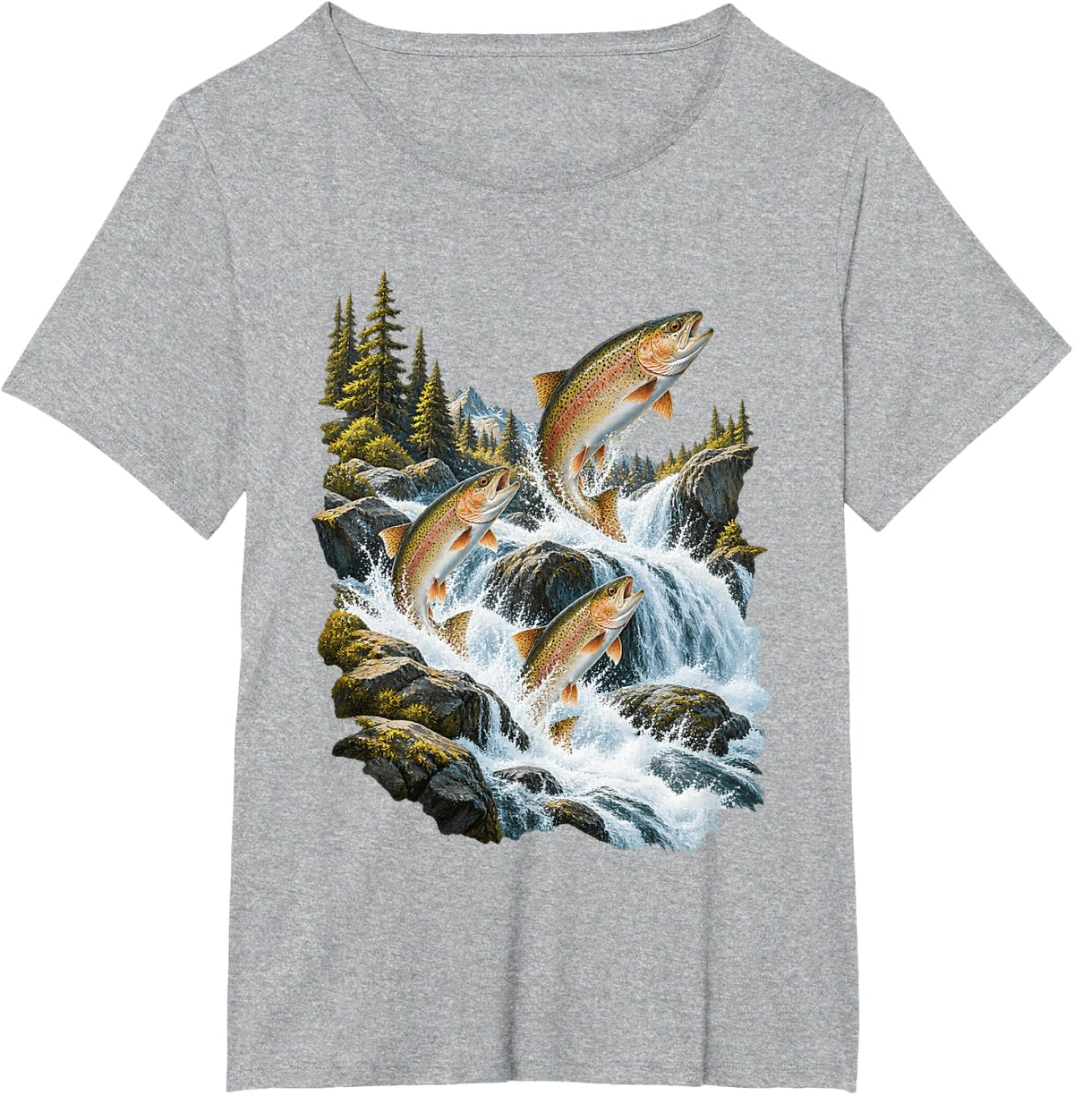 Three Leaping Trout At Mountain Waterfall T-Shirt - Heather Grey