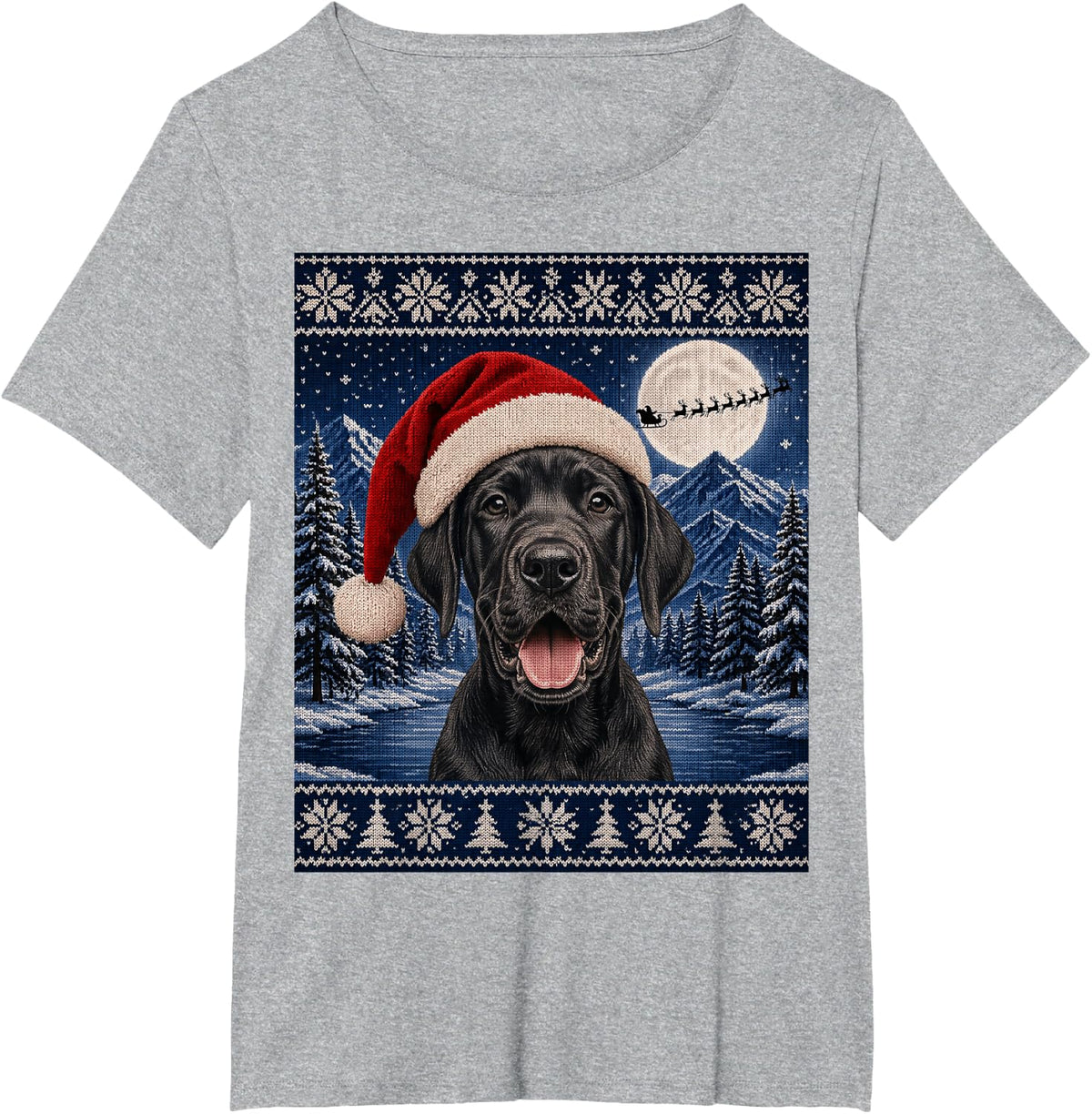 Cute Black Great Dane Puppy Dog Santa Ugly Christmas T-Shirt - Heather Grey