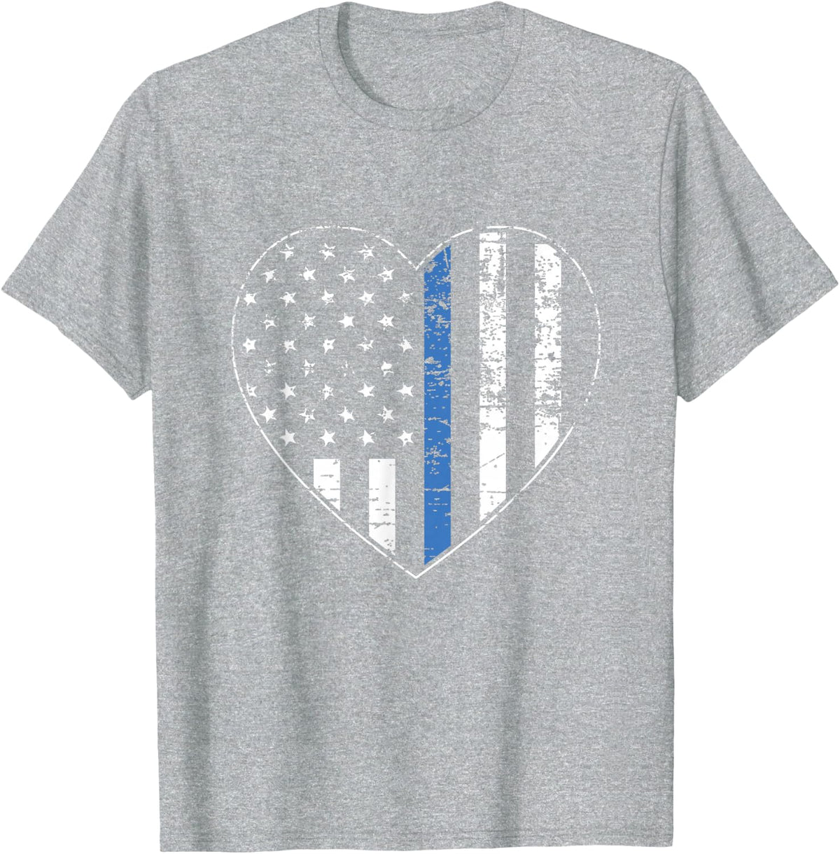Thin Blue Line American Flag Heart Police Officer Support T-Shirt - Heather Grey