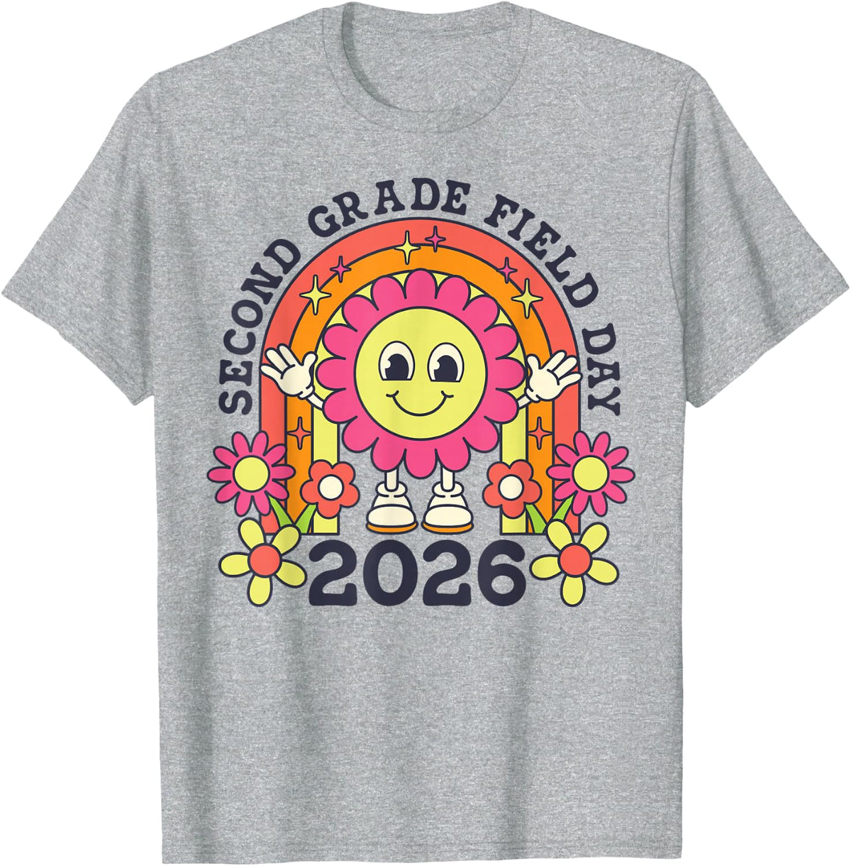 Second Grade Field Day 2026 Groovy Floral Teacher Student Tees T Shirts - Heather Grey