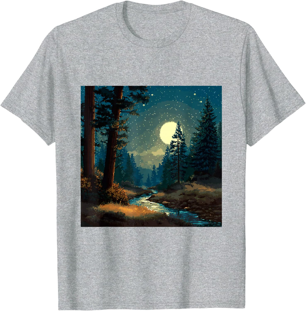 Pixel Art Forest Moonlight Night River T-Shirt - Heather Grey