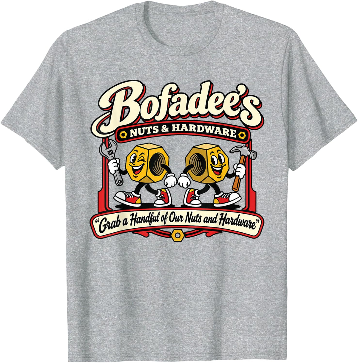 Bofadees Nuts and Hardware Retro Mechanic Vintage Cartoon T-Shirt - Heather Grey