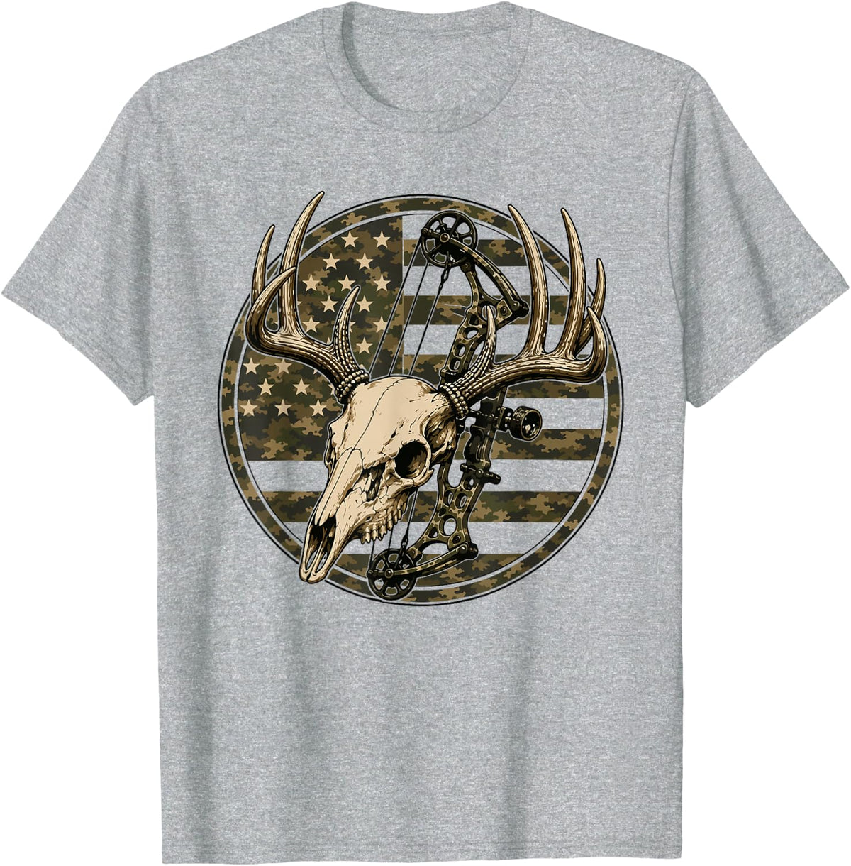 Men Camo Deer Hunting American Flag Elk Skull Buck Patriotic T-Shirt - Heather Grey