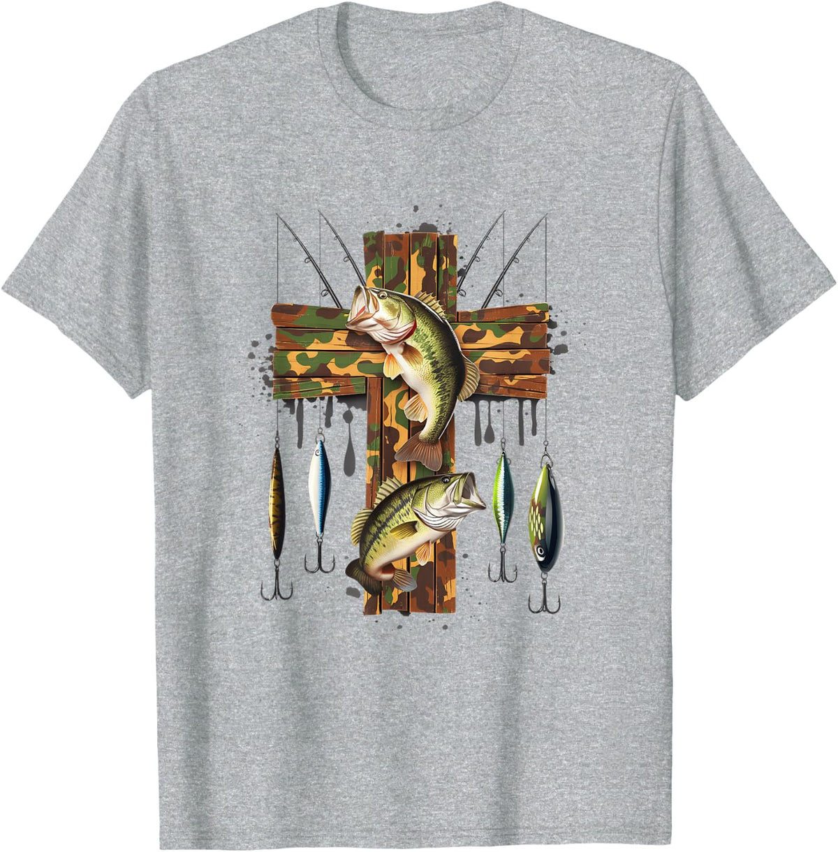 Camo Cross Fishing Christian Fishers Of Men Bible Faith Fish T-Shirt - Heather Grey