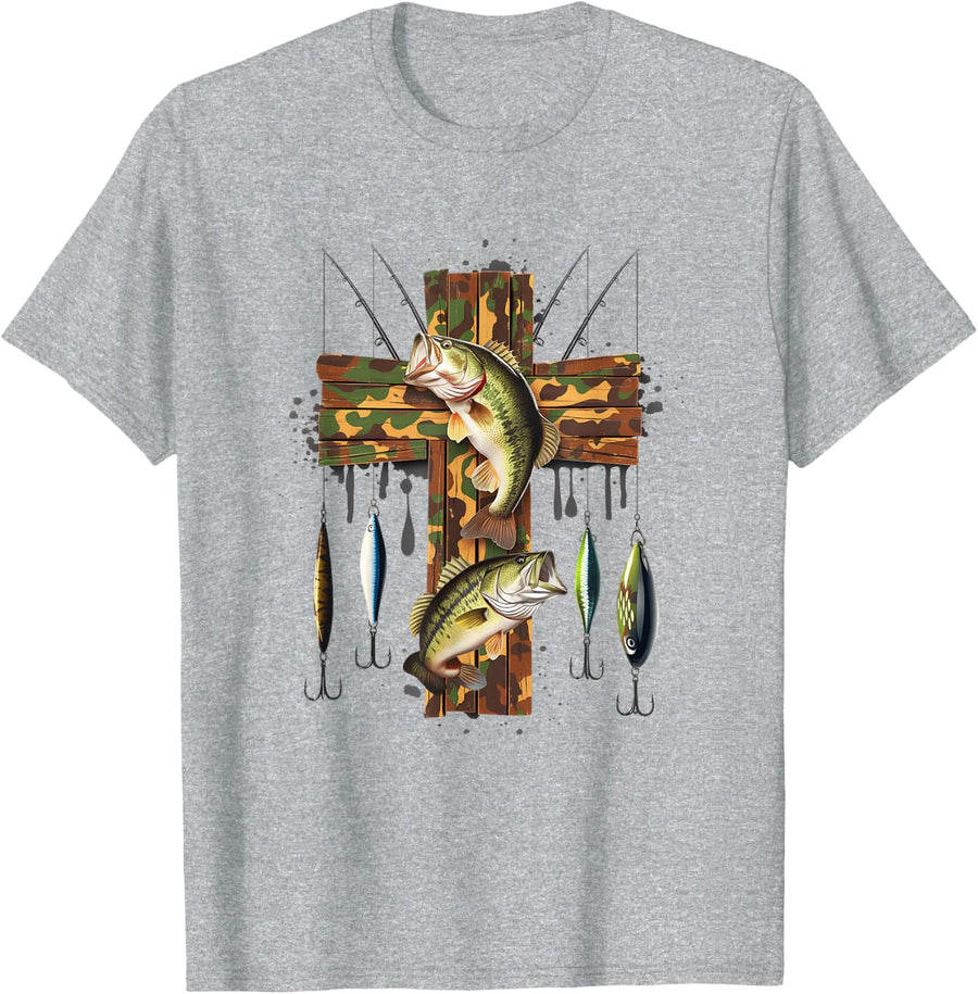 Camo Cross Fishing Christian Fishers Of Men Bible Faith Fish T-Shirt - Heather Grey
