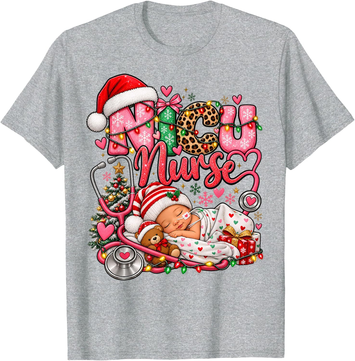 NICU Nurse Christmas Neonatal Holiday T-Shirt - Heather Grey