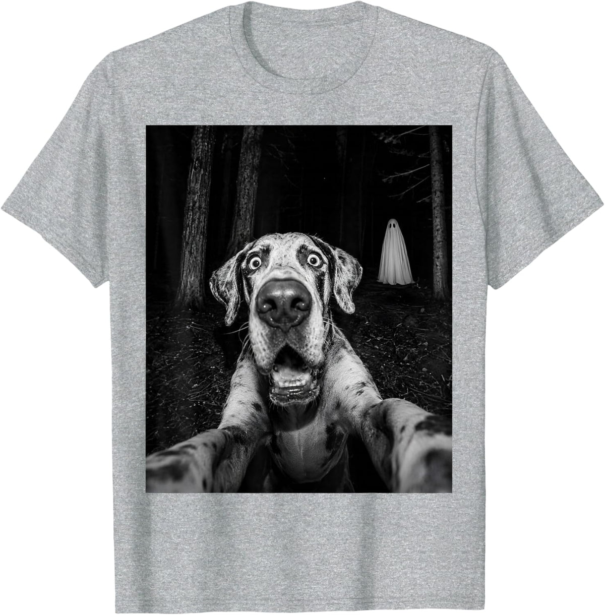 Spooky Great Dane Selfie with Ghost Halloween Dog Lover T-Shirt - Heather Grey