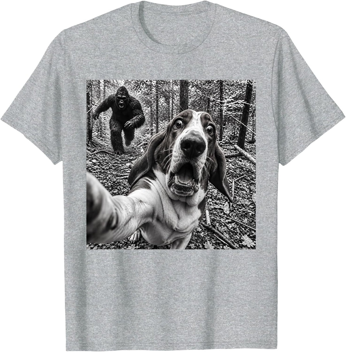 Basset Hound Bigfoot Selfie Funny Dog Sasquatch T-Shirt - Heather Grey